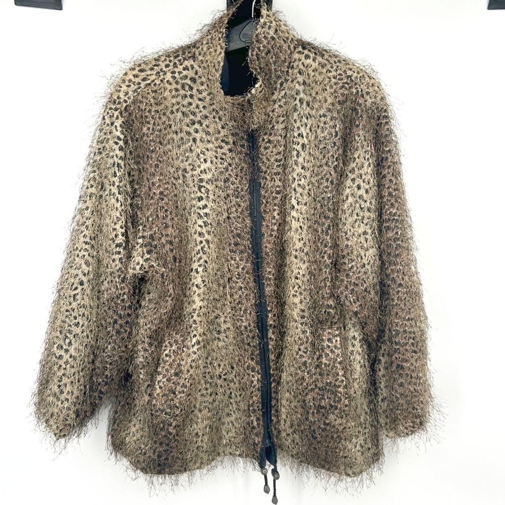 Wms Reversible Leopard Faux Fur Black Jacket Size L Textured Mob Wife Aesthetic - Picture 2 of 9